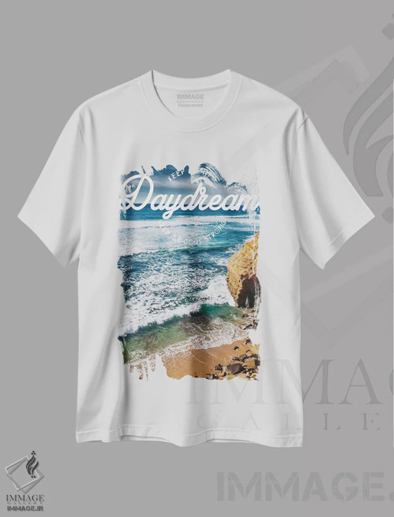 تیشرت سفید طرح دار صخره های غروب، تزئینی اثر بثانی یانگ | فروشگاه ایماژ