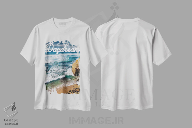 تیشرت سفید طرح دار صخره های غروب، تزئینی اثر بثانی یانگ | فروشگاه ایماژ