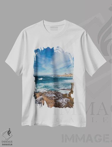 تیشرت سفید طرح دار صخره های غروب آفتاب سن دیگو IV، مدیوم اثر بثانی یانگ | فروشگاه ایماژ