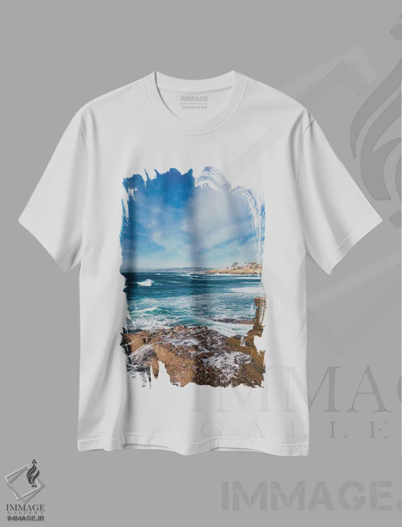 تیشرت سفید طرح دار صخره های غروب آفتاب سن دیگو IV، مدیوم اثر بثانی یانگ | فروشگاه ایماژ