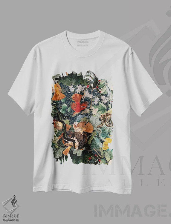 تیشرت سفید طرح دار پرندگان و مارها، دکور بوهمی اثر برجو کورکماز یورک | immage.ir