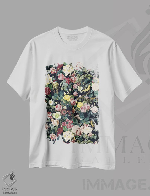 تیشرت سفید طرح دار گل و پرنده IV، تزئینی اثر برجو کورکماز یورک | فروشگاه ایماژ