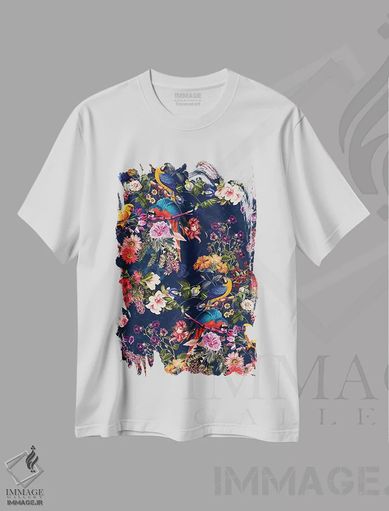 تیشرت سفید طرح دار گل ها و پرندگان XII، دکور بوهمی اثر برجو کورکماز یورک | فروشگاه ایماژ