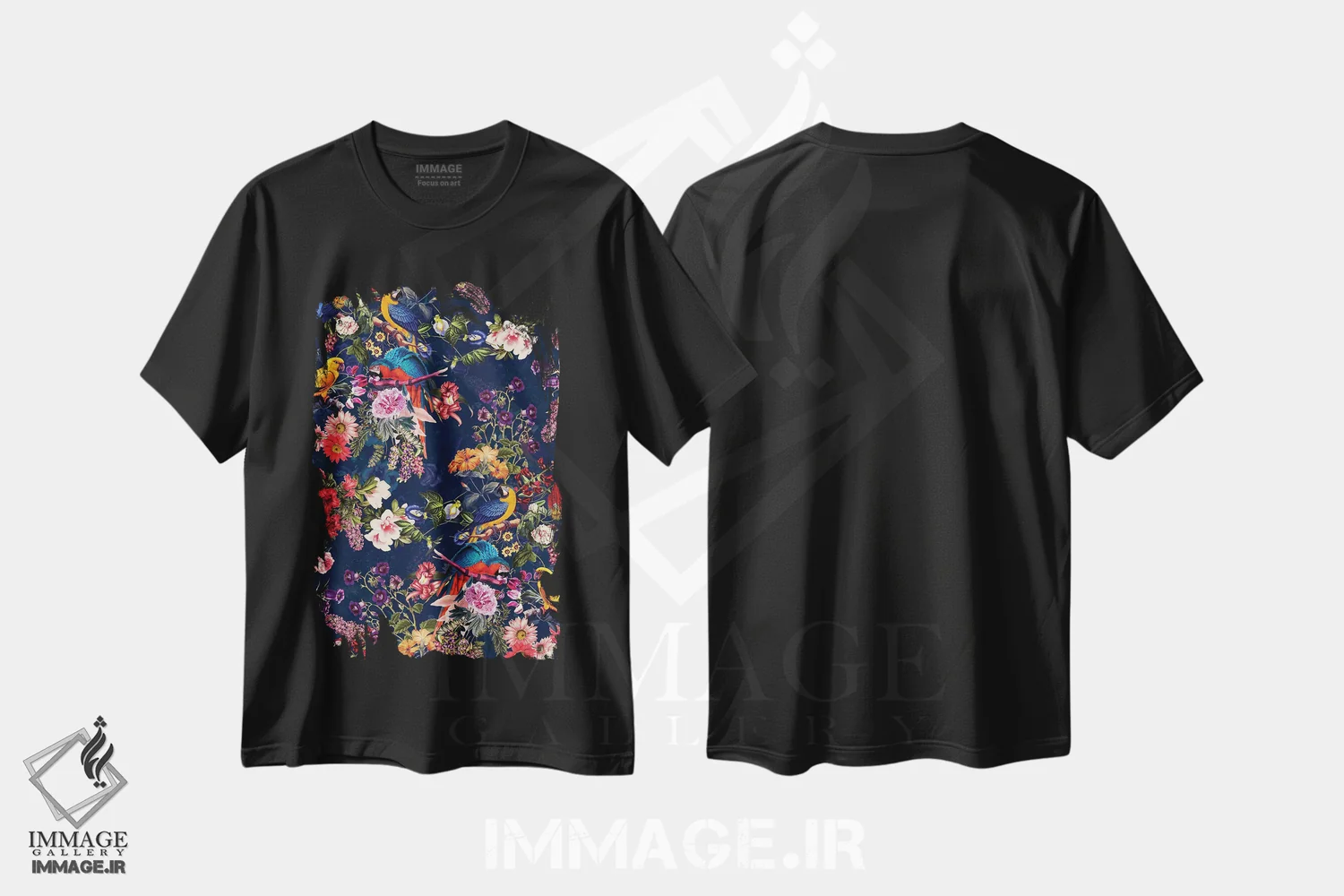 تیشرت مشکی طرح دار گل ها و پرندگان XII، دکور بوهمی اثر برجو کورکماز یورک | immage.ir