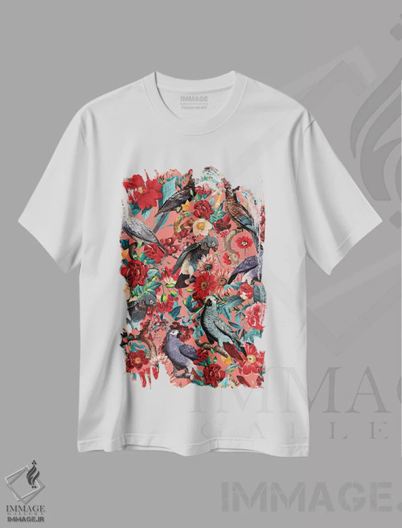 تیشرت سفید طرح دار گل ها و پرندگان XIX، دکور بوهمی اثر برجو کورکماز یورک | immage.ir