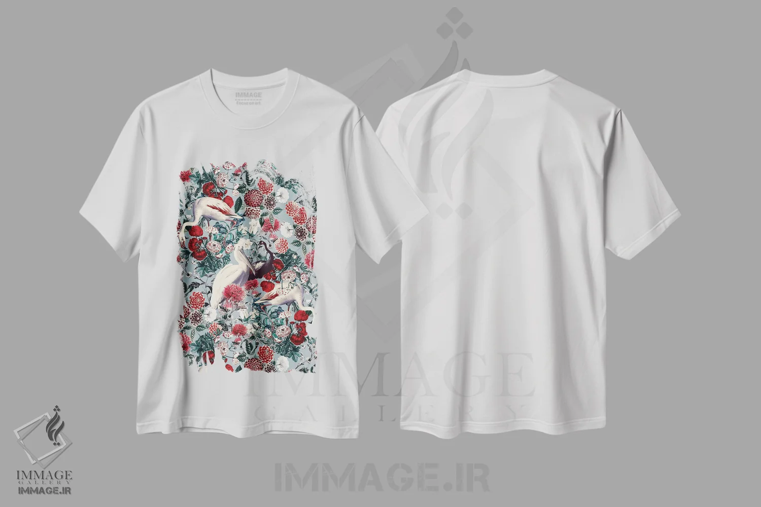 تیشرت سفید طرح دار گل ها و پرندگان XIV، دکور بوهمی اثر برجو کورکماز یورک | immage.ir