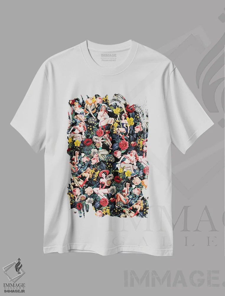 تیشرت سفید طرح دار گل و دختران پین آپ IV، دکور بوهمی اثر برجو کورکماز یورک | فروشگاه ایماژ