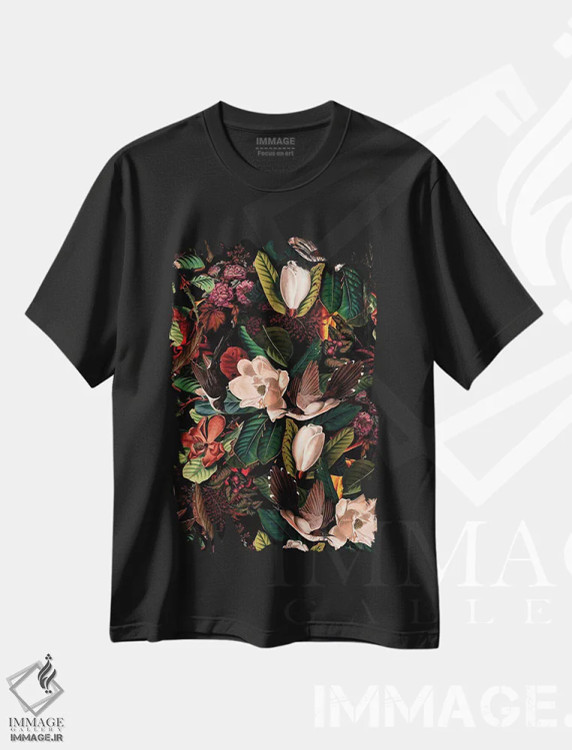 تیشرت مشکی طرح دار گل ها و پرندگان XXI، دکور بوهمی اثر برجو کورکماز یورک | immage.ir