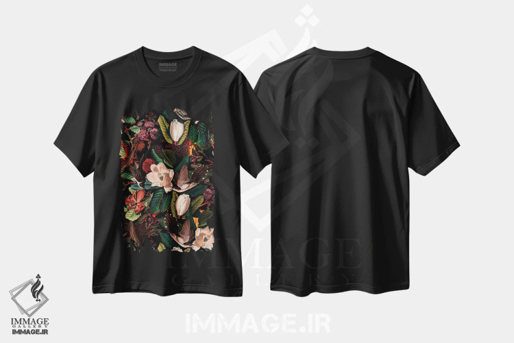 تیشرت مشکی طرح دار گل ها و پرندگان XXI، دکور بوهمی اثر برجو کورکماز یورک | immage.ir
