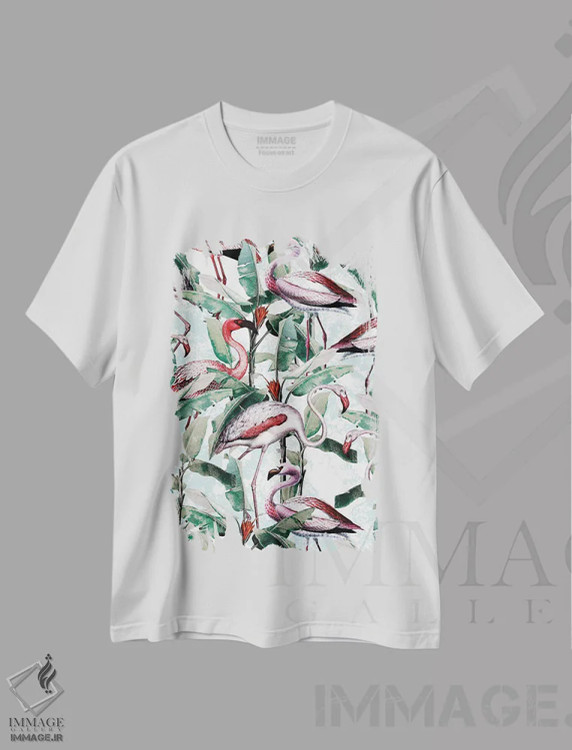 تیشرت سفید طرح دار گل و فلامینگو VIII، دکور بوهمی اثر برجو کورکماز یورک | immage.ir