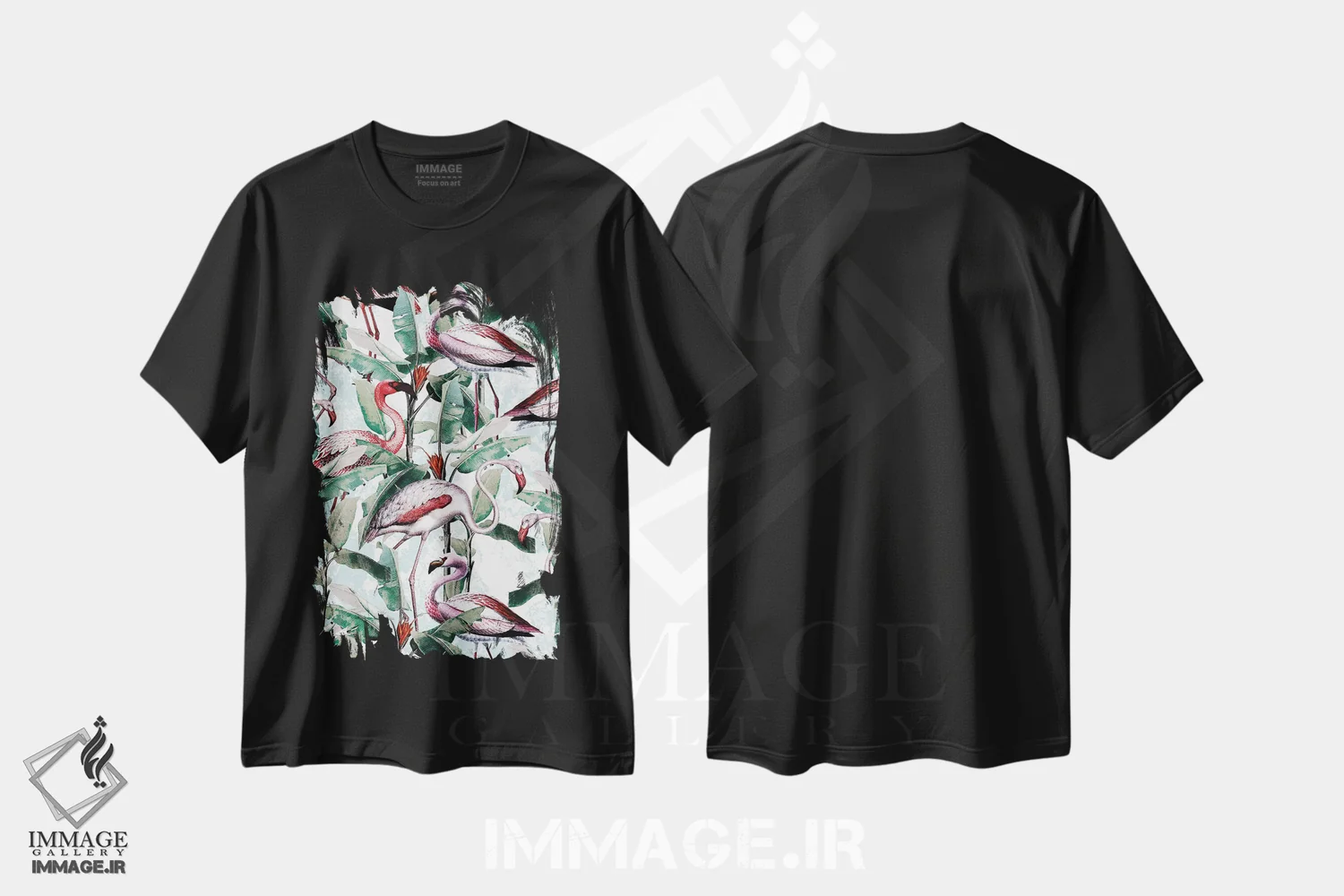تیشرت مشکی طرح دار گل و فلامینگو VIII، دکور بوهمی اثر برجو کورکماز یورک | فروشگاه ایماژ