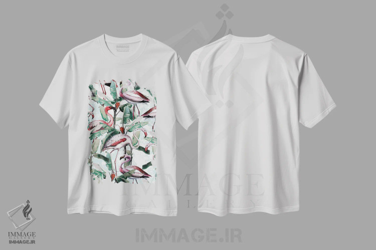 تیشرت سفید طرح دار گل و فلامینگو VIII، دکور بوهمی اثر برجو کورکماز یورک | immage.ir