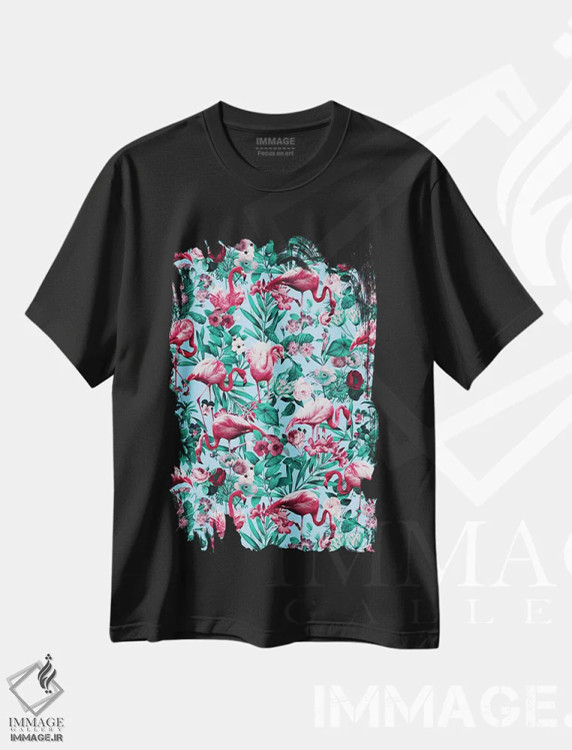 تیشرت مشکی طرح دار طرح گل بهاری و تابستانی، دکور ساحلی اثر برجو کورکماز یورک | فروشگاه ایماژ