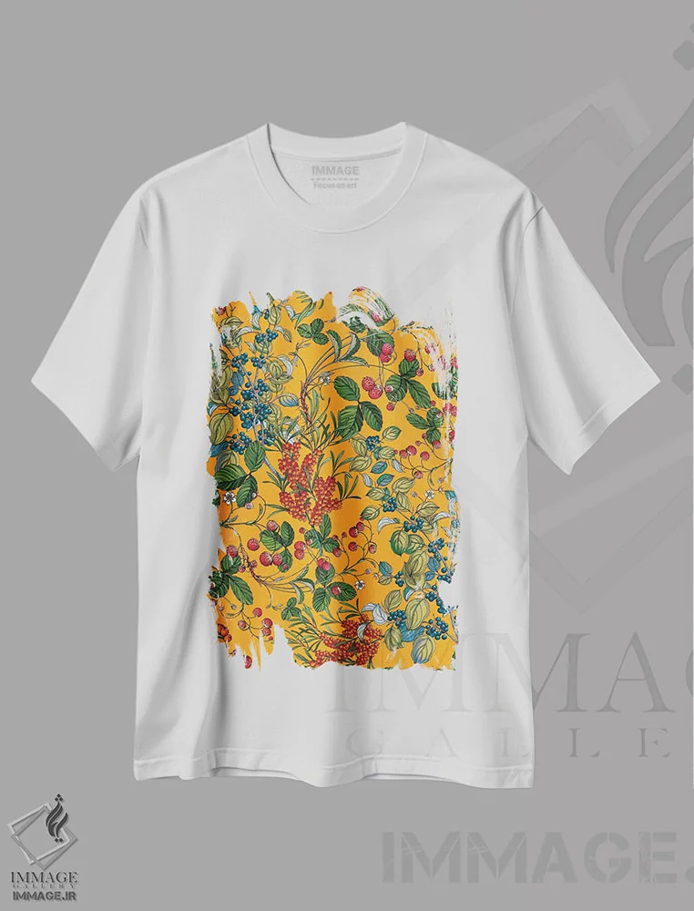 تیشرت سفید طرح دار باغ قدیمی VII، دکور بوهمی اثر برجو کورکماز یورک | فروشگاه ایماژ