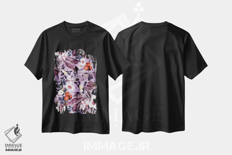 تیشرت مشکی طرح دار گلبرگ زعفران وحشی، دکور معاصر اثر برجو کورکماز یورک | فروشگاه ایماژ