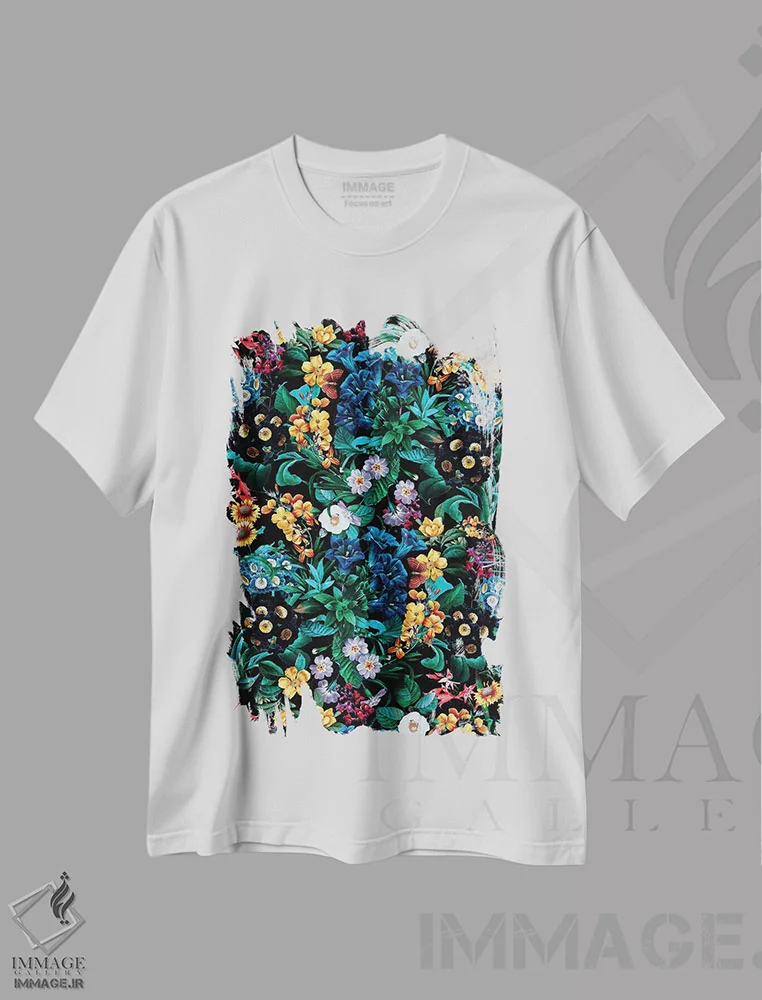 تیشرت سفید طرح دار باغ عجیب و غریب، دکور معاصر اثر برجو کورکماز یورک | فروشگاه ایماژ