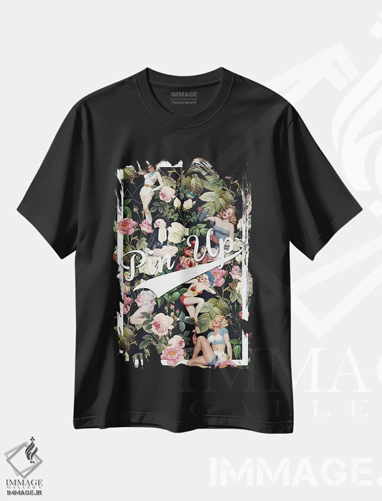 تیشرت مشکی طرح دار گل و پین آپ، تایپوگرافی اثر برجو کورکماز یورک | فروشگاه ایماژ