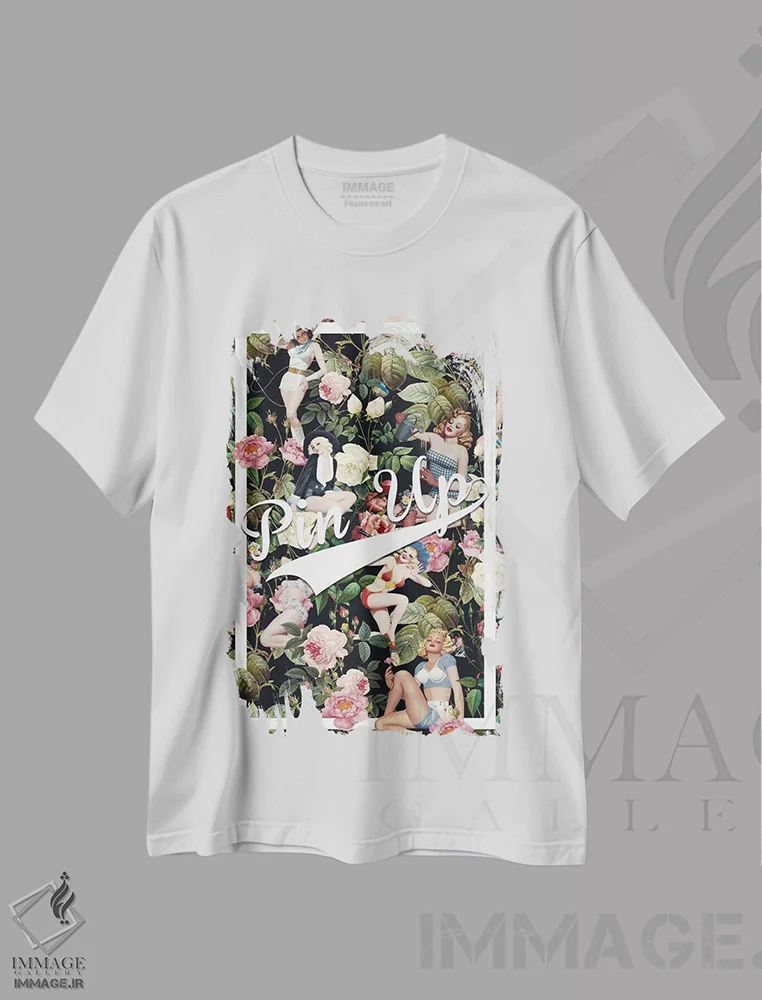 تیشرت سفید طرح دار گل و پین آپ، تایپوگرافی اثر برجو کورکماز یورک | immage.ir