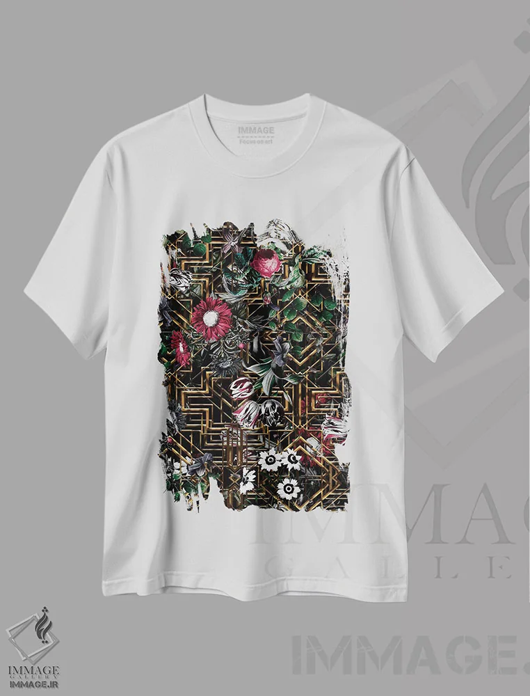 تیشرت سفید طرح دار طرح گتسبی و گل ها، دکور معاصر اثر برجو کورکماز یورک | فروشگاه ایماژ