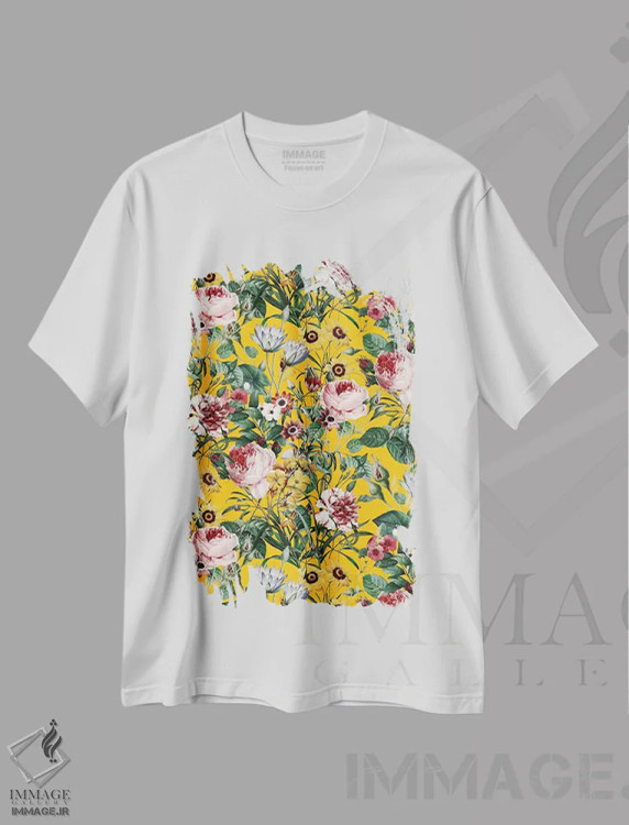 تیشرت سفید طرح دار باغ تابستانی، دکور معاصر اثر برجو کورکماز یورک | فروشگاه ایماژ
