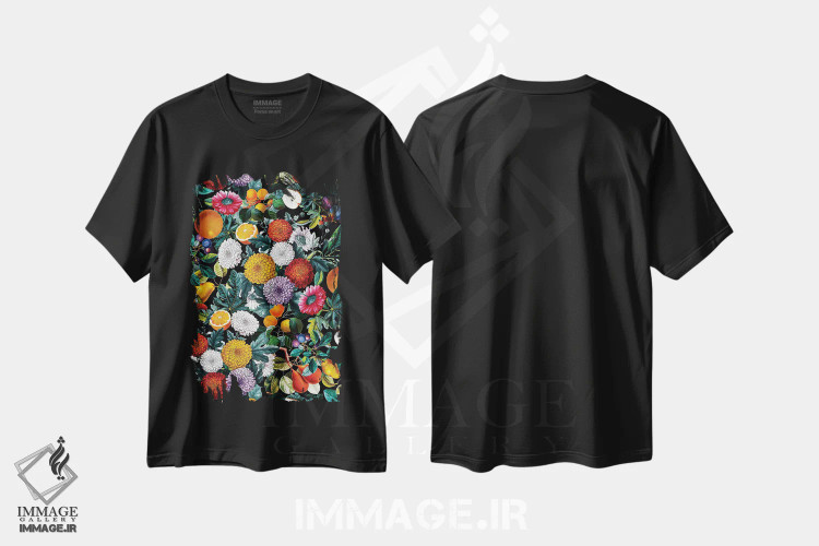 تیشرت مشکی طرح دار طرح میوه های قدیمی VIII، دکور معاصر اثر برجو کورکماز یورک | فروشگاه ایماژ