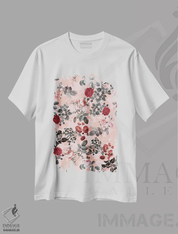 تیشرت سفید طرح دار باغ رز، هنر دیجیتال اثر برجو کورکماز یورک | فروشگاه ایماژ