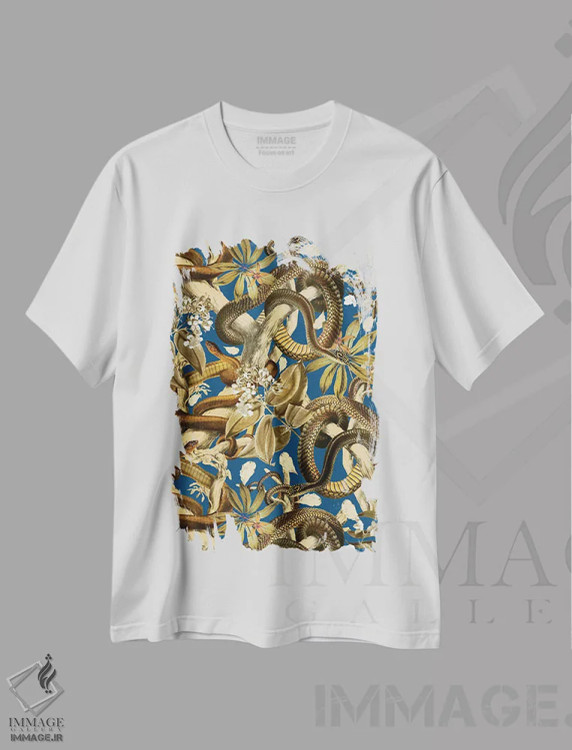 تیشرت سفید طرح دار باغ مارها، تزئینی اثر برجو کورکماز یورک | فروشگاه ایماژ