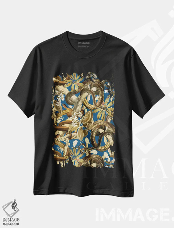 تیشرت مشکی طرح دار باغ مارها، تزئینی اثر برجو کورکماز یورک | immage.ir