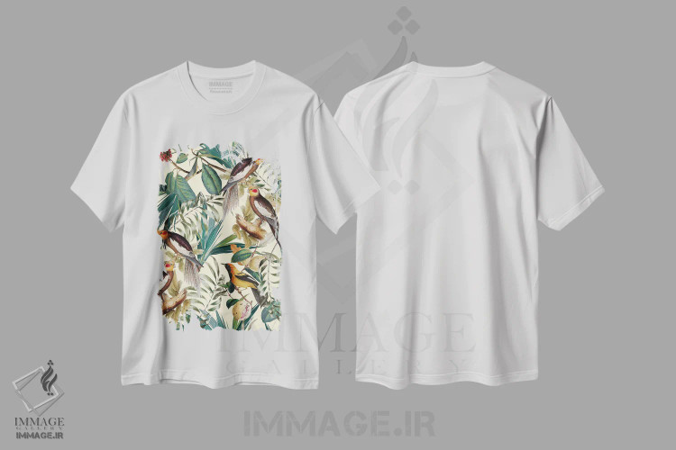تیشرت سفید طرح دار باغ قدیمی گل و پرندگان، تزئینی اثر برجو کورکماز یورک | فروشگاه ایماژ