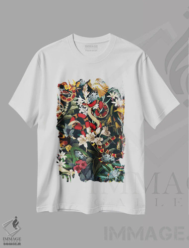 تیشرت سفید طرح دار پرندگان و مارها II، تزئینی اثر برجو کورکماز یورک | فروشگاه ایماژ