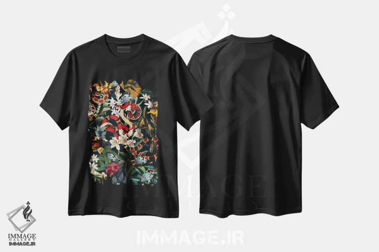 تیشرت مشکی طرح دار پرندگان و مارها II، تزئینی اثر برجو کورکماز یورک | immage.ir
