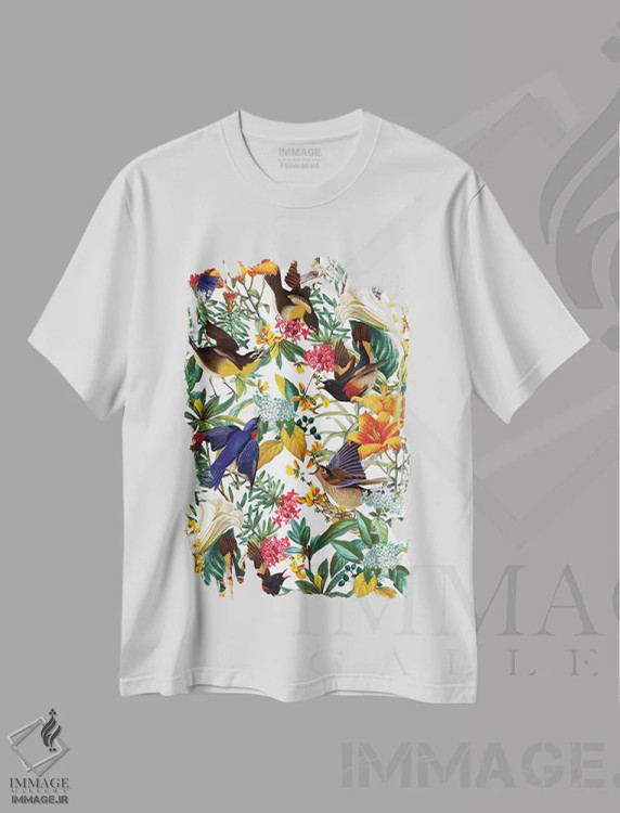 تیشرت سفید طرح دار سرزمین پرندگان شماره ۲، هنر دیجیتال اثر برجو کورکماز یورک | فروشگاه ایماژ