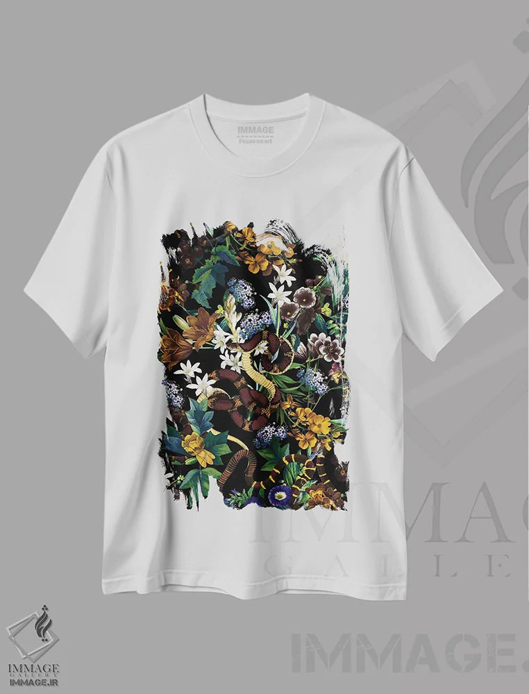 تیشرت سفید طرح دار باغ و مارها، هنر دیجیتال اثر برجو کورکماز یورک | فروشگاه ایماژ