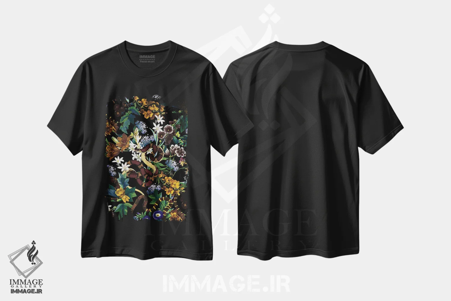 تیشرت مشکی طرح دار باغ و مارها، هنر دیجیتال اثر برجو کورکماز یورک | immage.ir