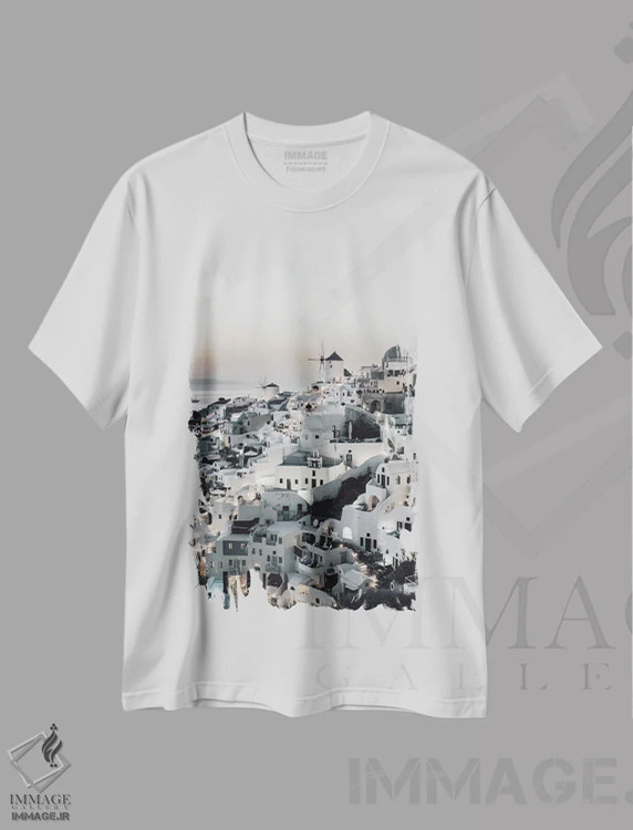 تیشرت سفید طرح دار Santorini,غروب در اویا، سانتورینی، تزئینی اثر بلا ایو | فروشگاه ایماژ