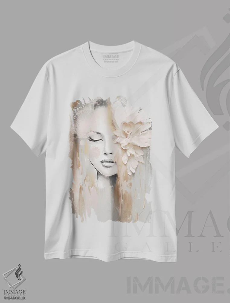 تیشرت سفید طرح دار پرترهٔ گلبرگ بژ، تزئینی اثر بلا ایو | immage.ir