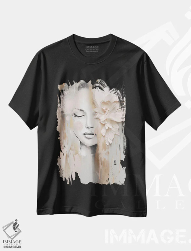 تیشرت مشکی طرح دار پرترهٔ گلبرگ بژ، تزئینی اثر بلا ایو | فروشگاه ایماژ
