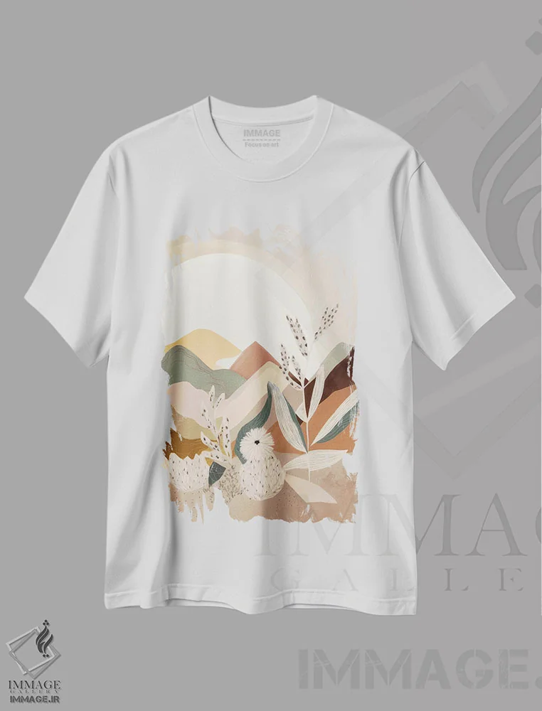 تیشرت سفید طرح دار تپه های بوهو، آبستره اثر بلا ایو | فروشگاه ایماژ