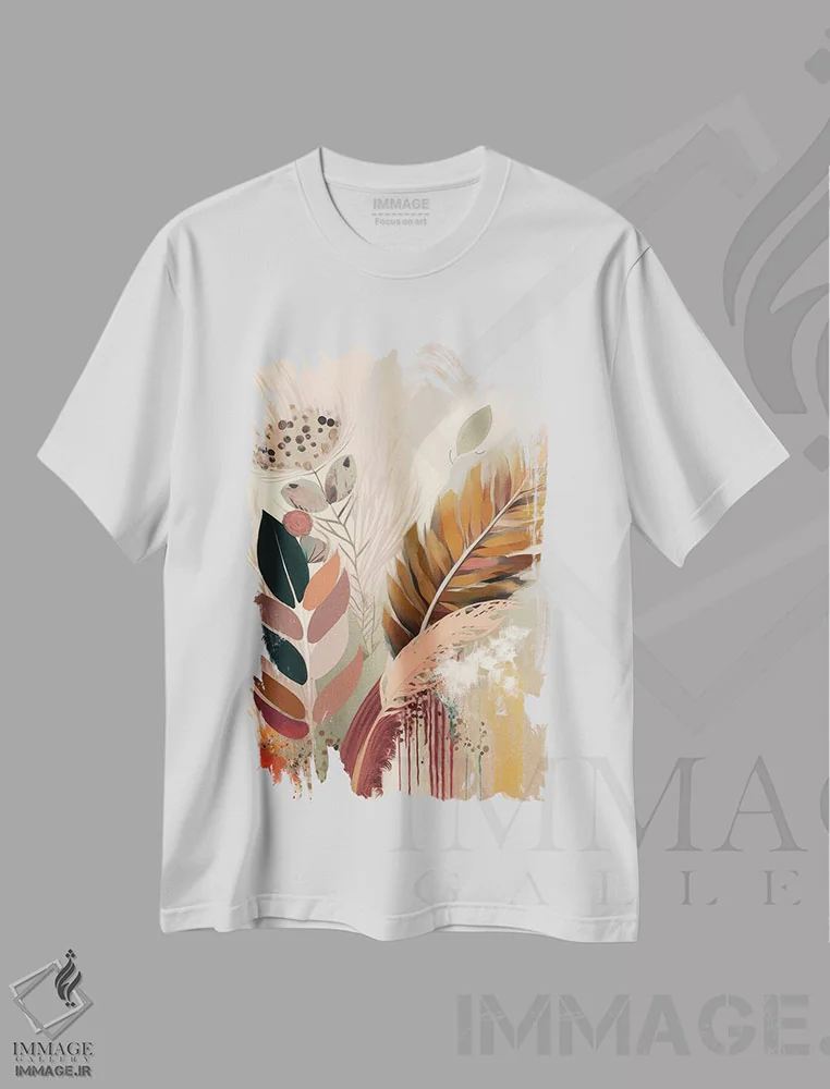تیشرت سفید طرح دار پر، آبستره اثر بلا ایو | فروشگاه ایماژ