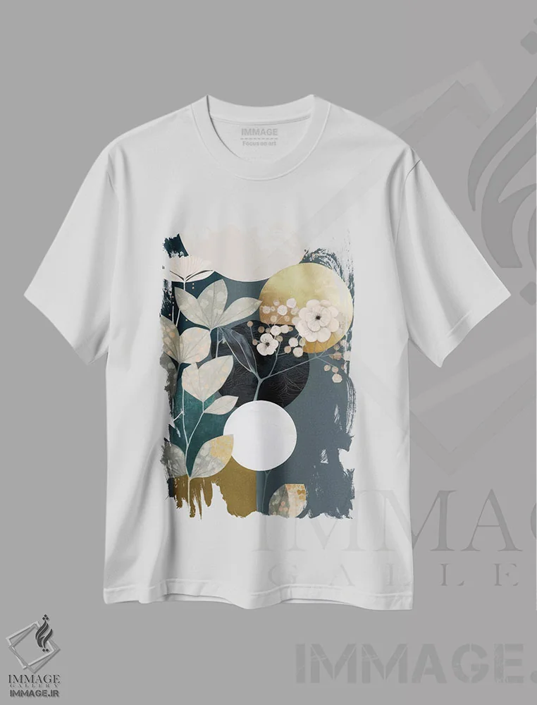 تیشرت سفید طرح دار درخشش گرگ و میش، آبستره اثر بلا ایو | immage.ir