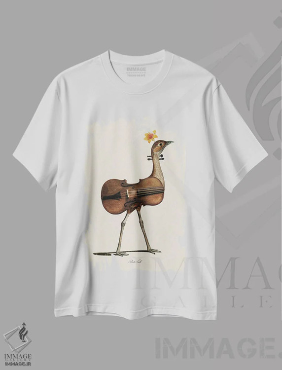 تیشرت سفید طرح دار پرندهٔ موسیقی دوست، تزئینی اثر بتو وال | فروشگاه ایماژ