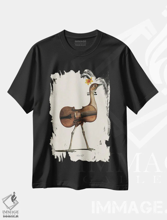 تیشرت مشکی طرح دار پرندهٔ موسیقی دوست، تزئینی اثر بتو وال | immage.ir