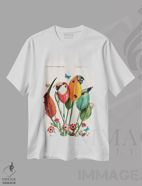 تیشرت سفید طرح دار پرندگان برگ، دکوراسیون جایگزین اثر بتو وال | فروشگاه ایماژ