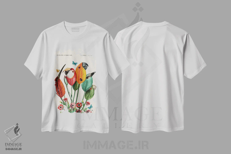 تیشرت سفید طرح دار پرندگان برگ، دکوراسیون جایگزین اثر بتو وال | فروشگاه ایماژ