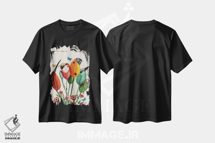 تیشرت مشکی طرح دار پرندگان برگ، دکوراسیون جایگزین اثر بتو وال | immage.ir