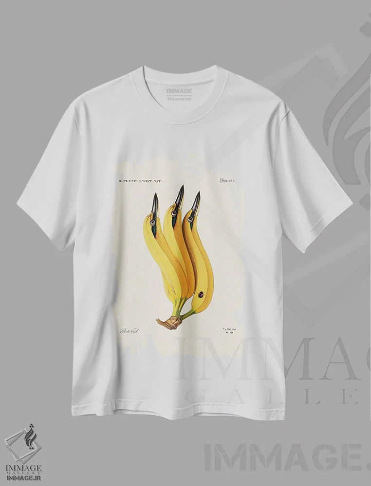 تیشرت سفید طرح دار پرنده موزی، تزئینی اثر بتو وال | فروشگاه ایماژ