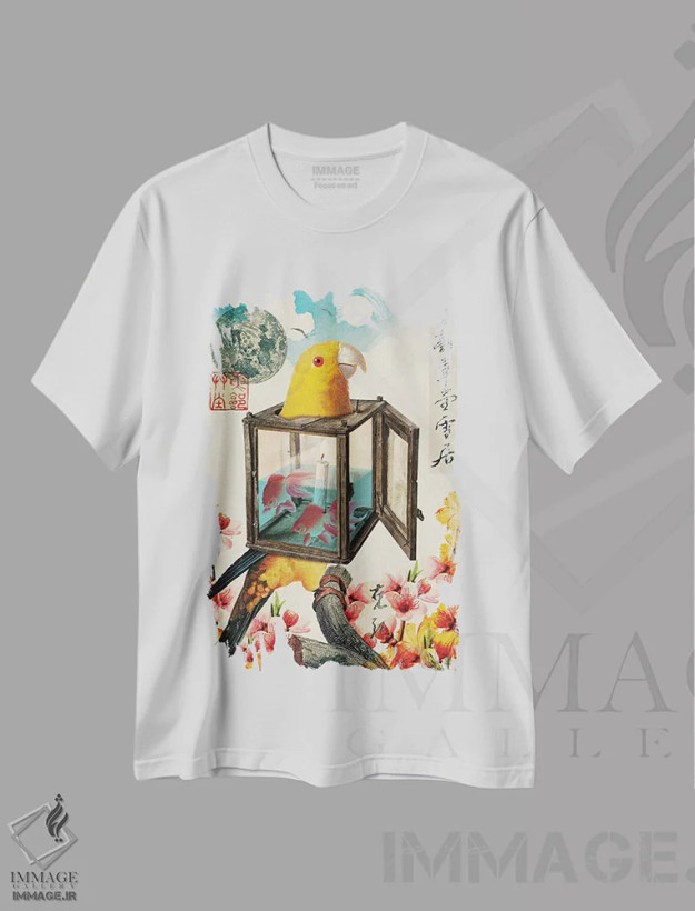تیشرت سفید طرح دار پرنده چراغ خیابانی، دکوراسیون جایگزین اثر بتو وال | فروشگاه ایماژ