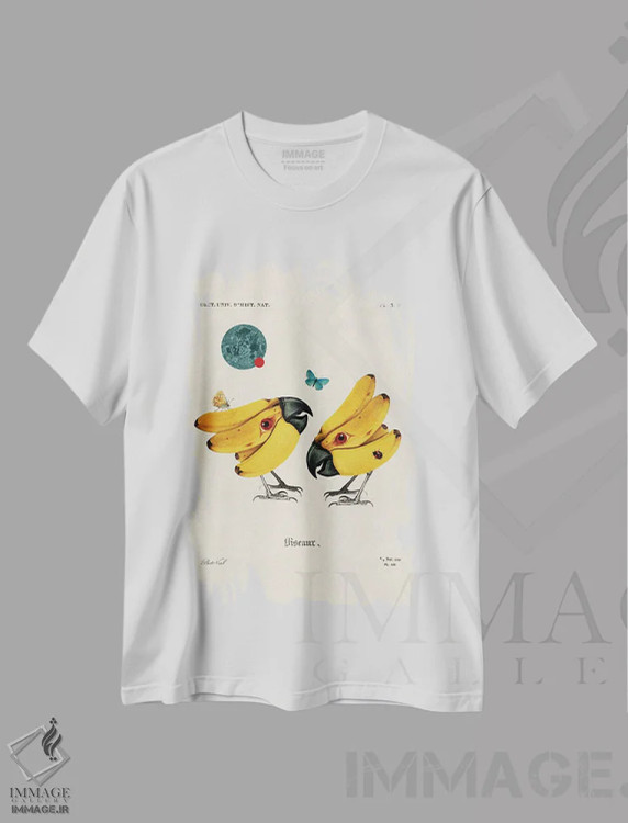 تیشرت سفید طرح دار پرندگان موزی، تزئینی اثر بتو وال | فروشگاه ایماژ