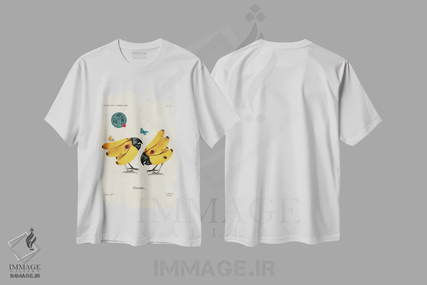 تیشرت سفید طرح دار پرندگان موزی، تزئینی اثر بتو وال | فروشگاه ایماژ