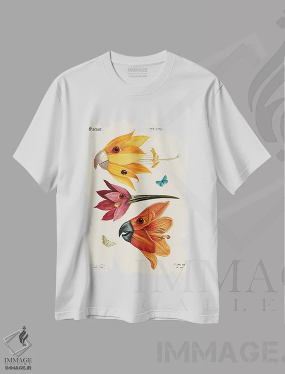 تیشرت سفید طرح دار پرندگان گلی، دکوراسیون جایگزین اثر بتو وال | فروشگاه ایماژ
